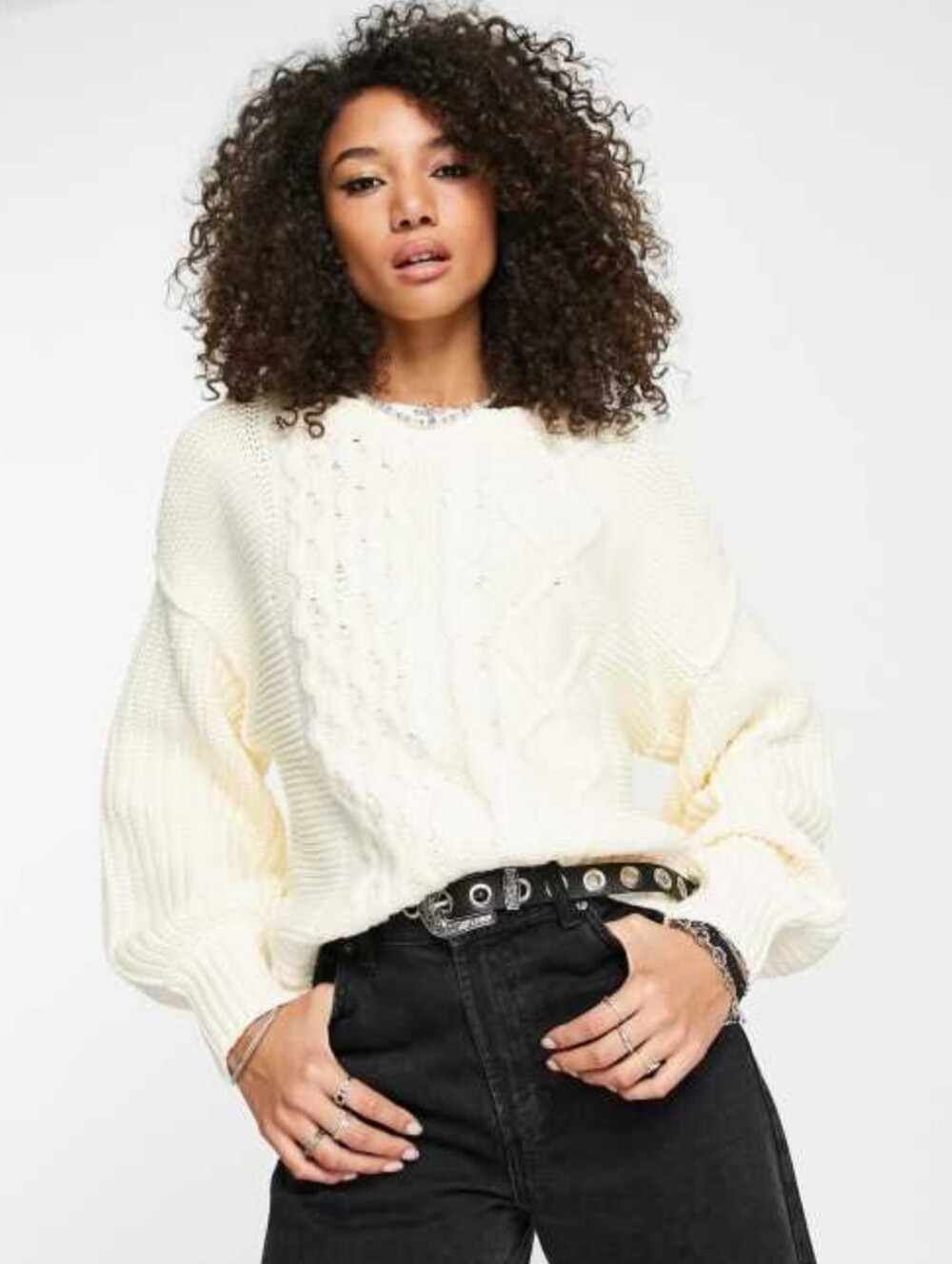 Free People Dream Cable Crew Sweater Ivory M Cottagecore Acadamia Cozy Oversize